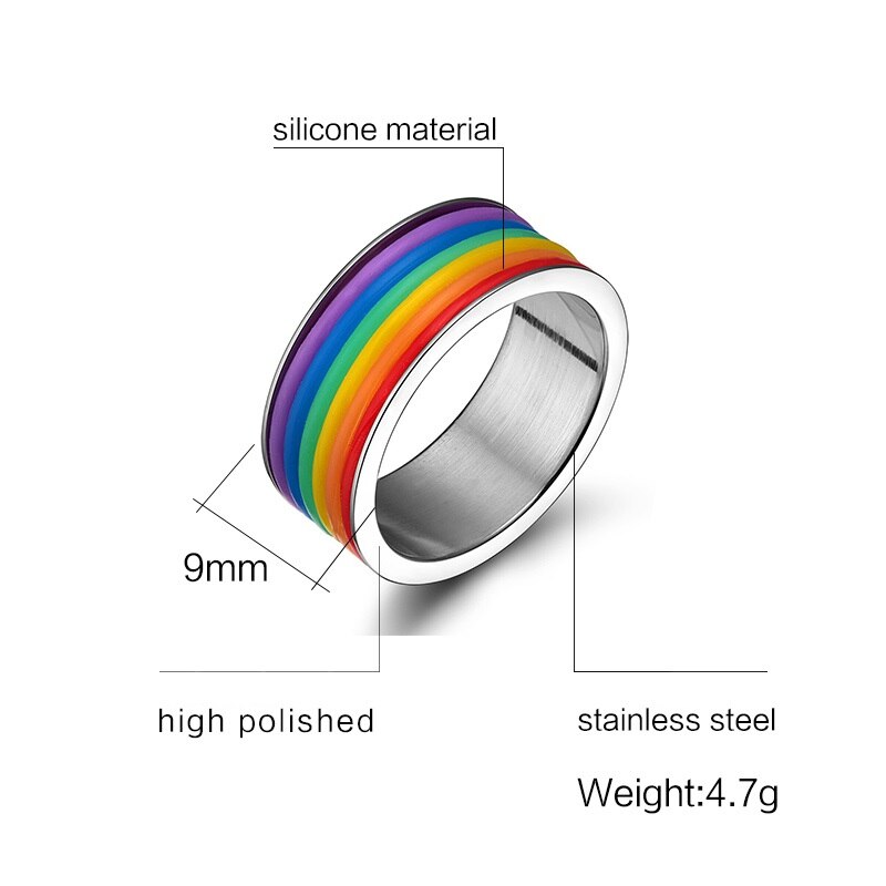 JHSL Men Colorful Silicone Rainbow Gay Rings Stainless Steel Jewelry Size 6 7 8 9 10 11 12 13