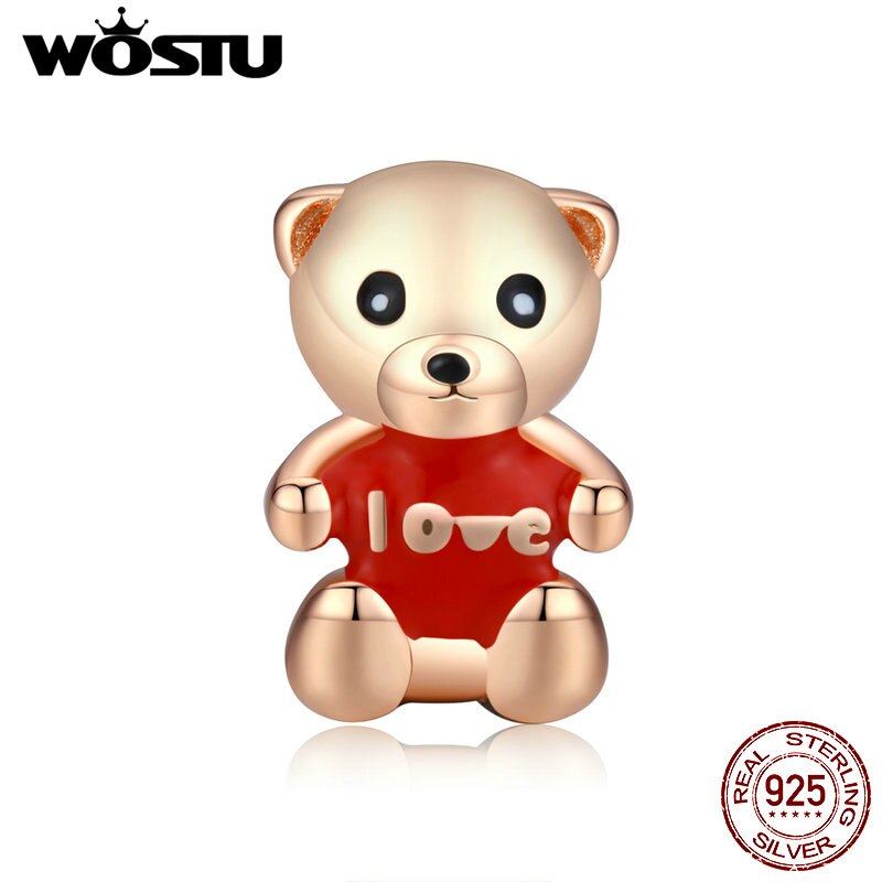 WOSTU Miś opatrzone koralikami 925 szterling srebrne dla zakochanych czerwony emalia uroki dopasowanie oryginalna bransoletka wisiorek urodziny impreza biżuteria FNC228