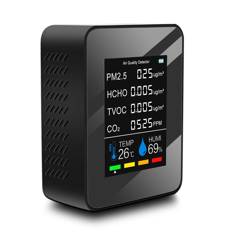 Multifunctionele 6in1 CO2 Meter Digitale Temperatuur Vochtigheid Tester Kooldioxide Tvoc Hcho PM2.5 Detector Luchtkwaliteit Monitor: Black