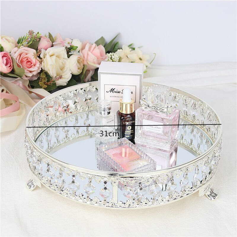 Europæisk spejl metalbakke kagestativ krystalfrugtplade kosmetisk smykkeskrin diverse opbevaringsbakke dessertborddekoration: 31cm