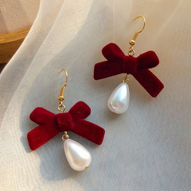 Boucles d&#39;oreilles en forme de cloche pour femmes, bijoux à nœud rouge, en forme de cœur, perle, boule, tendance, fête de mariage, noël, pour filles