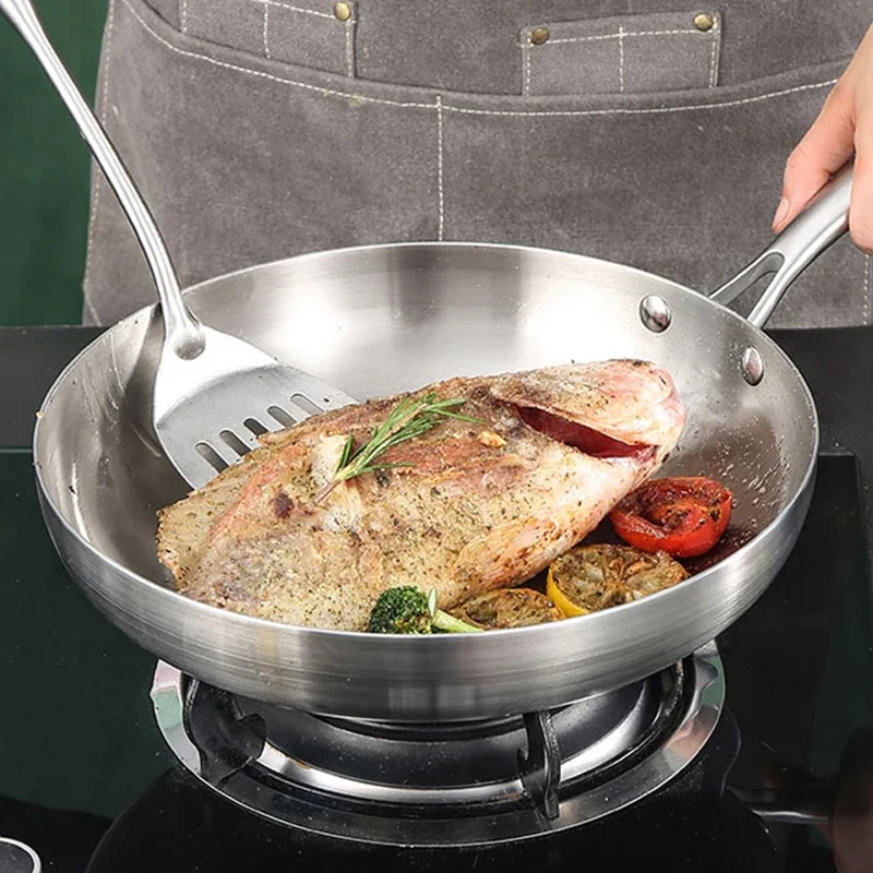 304 stekpannor i rostfritt stål, nonstick-panna stekt biffgryta obelagd köksredskap för gasspis och induktionshäll