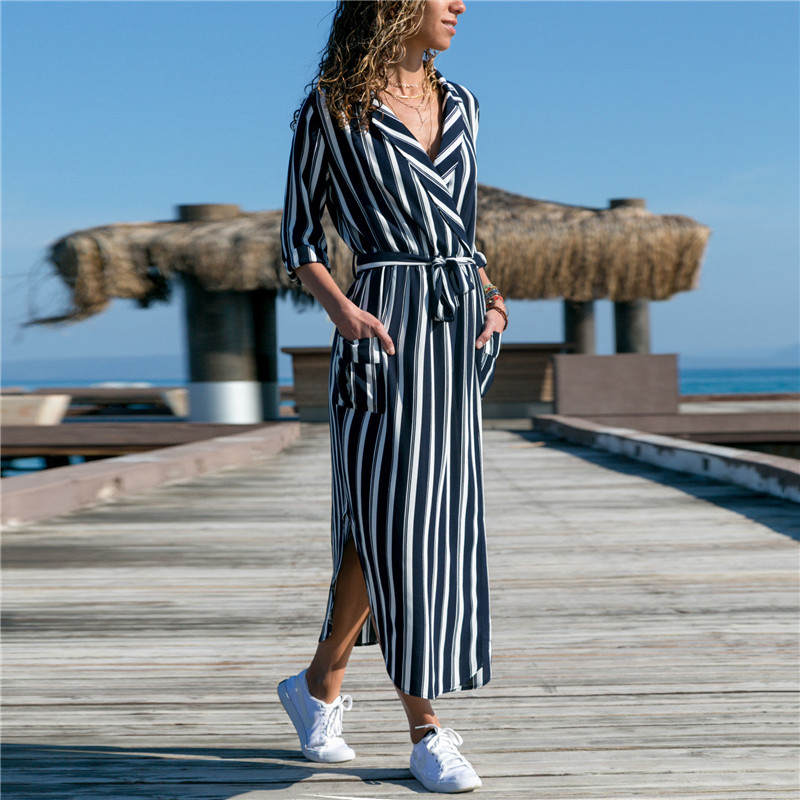 Naisten pitkä mekko kukkaprintti kesä maxi boheemi rantamekko juhlamekko pitkähihainen toimistopaita mekko vestidos longo: Raita / Xxl