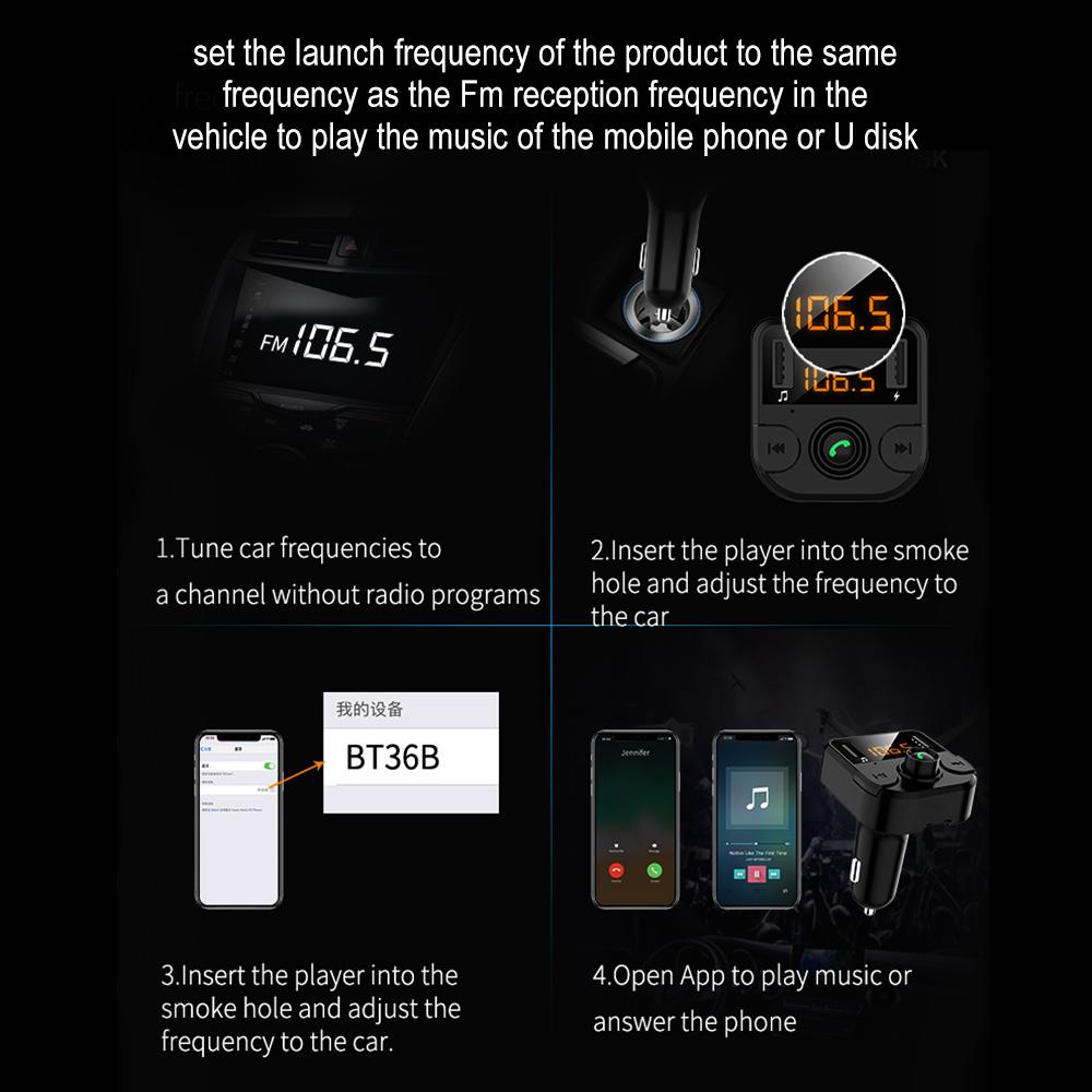 Smart Car FM Transmitter BT36B Bluetooth 5.0 Handsfree Stereo Music FM Transmitter Bluetooth Universal Dual USB FM Adapter