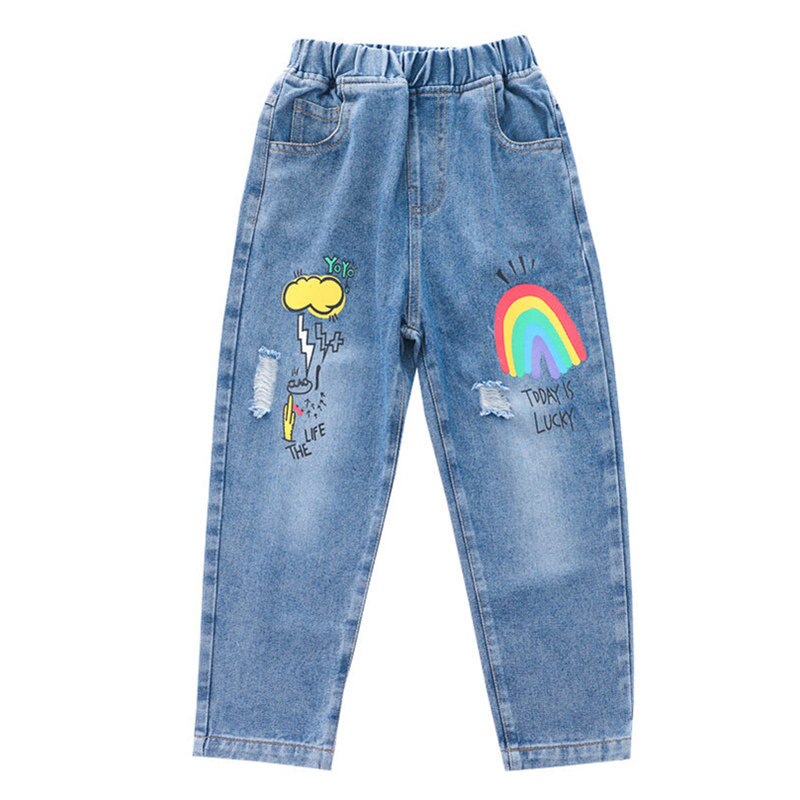 Girls Jeans Rainbow Children Spring Leisure Elastic Cartoon Rainbow Pants Kids Funny Trousers 4 To 13Yrs