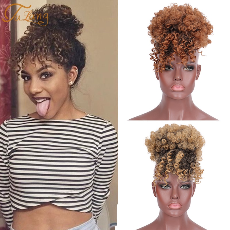 TALANG Afro bouffée Chignon avec frange cordon Chignon synthétique court Kinkys pince bouclée dans les Extensions de cheveux pour afro-américaine
