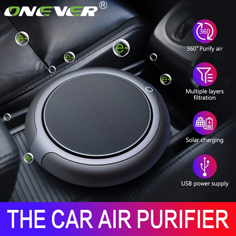 Onever Solar Car Air Purifier Anion Solar Power Filter Cleaner Purify No Noise 99% Antibacterial Rate Modes Dual Vehicle Home