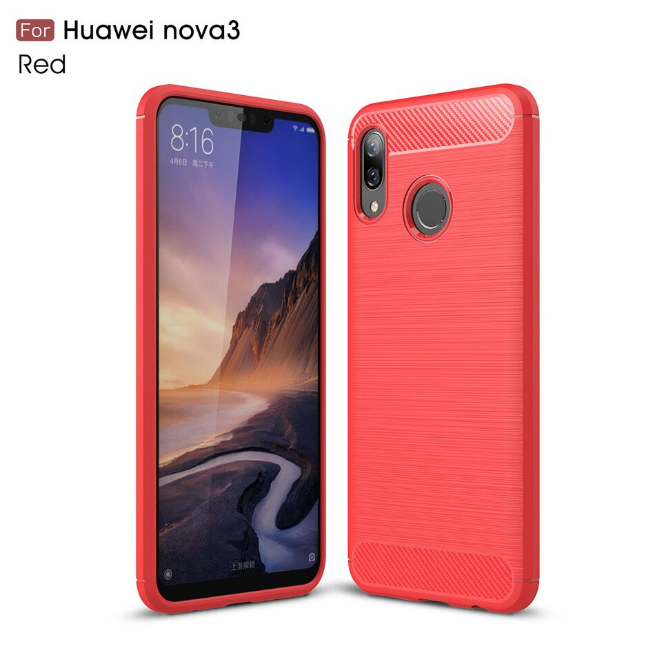 Siliconen Case Voor Huawei Nova 3 3i Nova 3E Shockproof Gemonteerd Carbon Fiber Soft Tpu Telefoon Cover Voor Huawei Nova 3i Case: Nova 3 / Rood