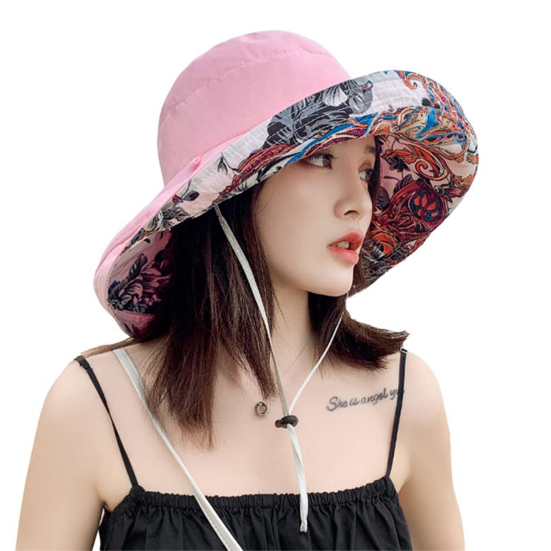 Women Boho Ethnic Floral Reversible Sun Hat Large Wide Brim UV Protection Foldable Floppy Beach Cap with Chin Strap: Pink