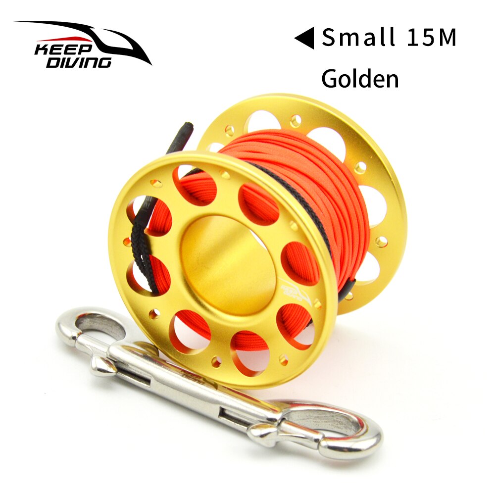 Pay-off wheels for diving Sea Scuba Diving Spool Finger Reel Double ended Equipment Cave exploration 15M/30M High-strength rope: Golden 15m