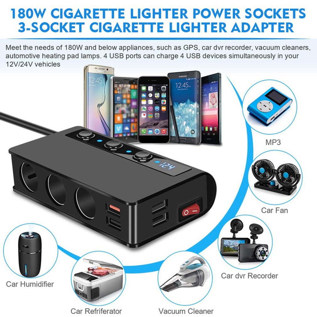 180W Multifunctionele Autolader Zonder Elektriciteit Sigarettenaansteker Adapter 3 Socket Auto Distributeur Dc Stopcontact