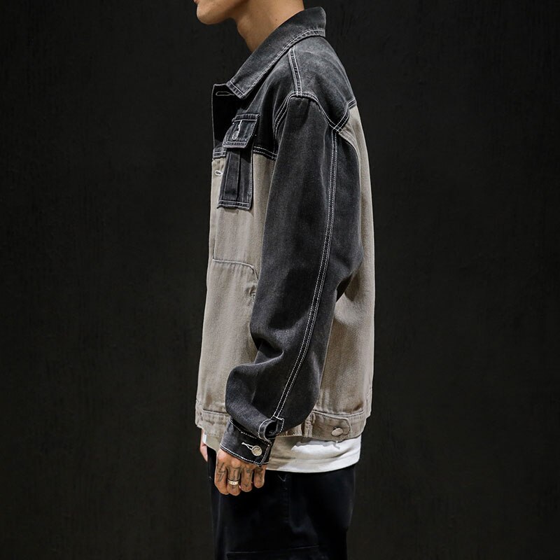 stitching denim jacket, layered stitching loose youth street Cargo jeans jacket coat hip-hop big size 5XL