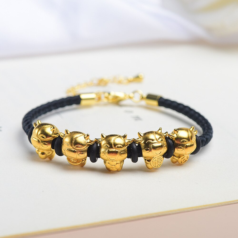 Wufu bull transferência grânulo corda vermelha mascote zodíaco cowe pulseira de ouro mulheres homens sorte animal bangle chinês ano novo presentes: Gold plated-black