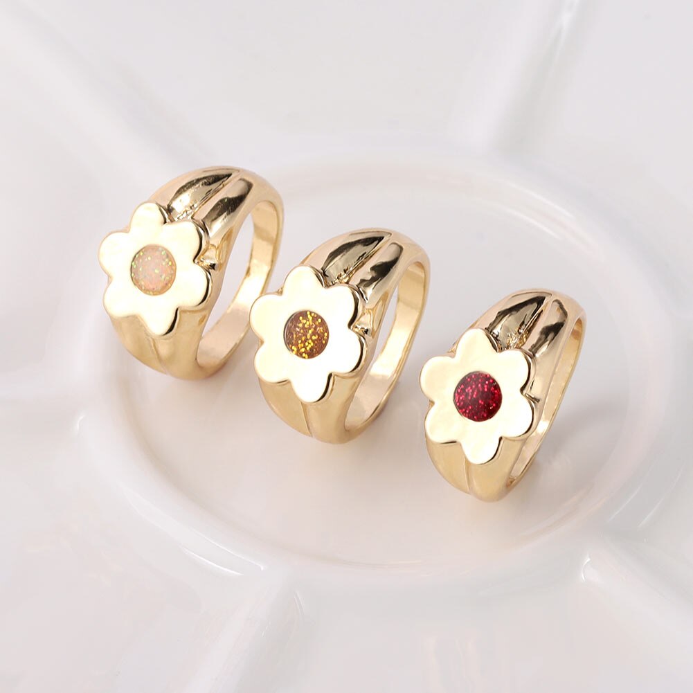 Flatfoosie Neue Koreanische Blume Metall Ringe für Frauen modisch Gold Farbe Emaille Blume Geometrische Index Finger Ringe Partei Schmuck