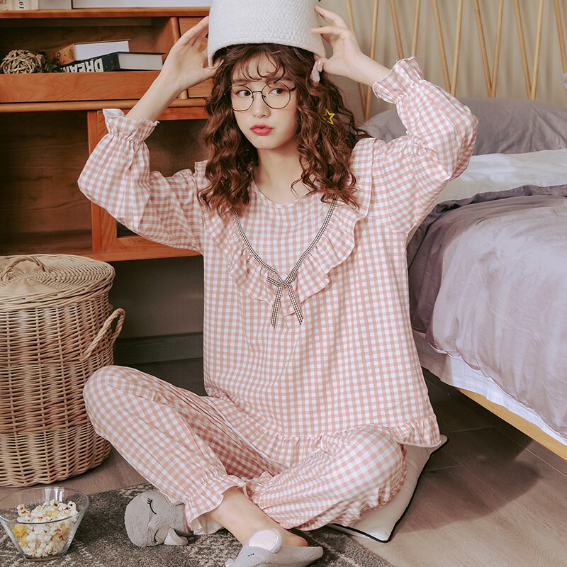 Women Cotton Sleepwear Set Cute Pink Turn-down Collar Pijama Sets Ladies Pyjamas Homewear Women Pajamas Plus Size