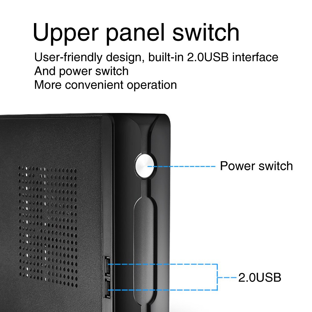 Boîtier HTPC Mini ITX avec châssis HTPC, Horizontal, alimentation de jeu en métal, USB 2.0, boîtier d&#39;ordinateur avec trou de radiateur, pratique pour le bureau et la maison