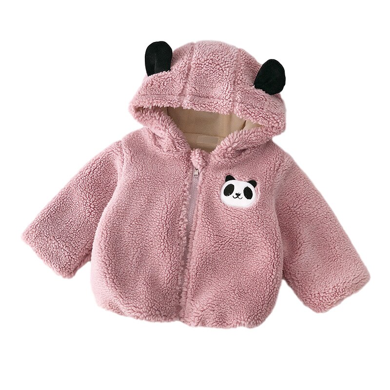 Herfst Winter Baby Jas Jongens Meisjes Pluche Verdikking Warme Bont Baby Hooded Lange Mouwen Katoenen Jas Cartoon: Roze / 80CM