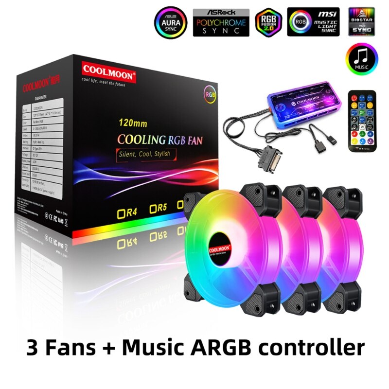 Computer PC Fan Aura Sync Support Adjust RGB Cooling Fan 120mm Silent Control Computer Cooling RGB Case Fans: C