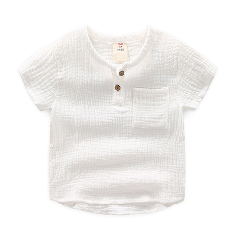 Chemise Vintage à manches courtes pour enfants, vêtements pour garçons, en coton et en lin, avec boutons, de poche, été: white / 2T
