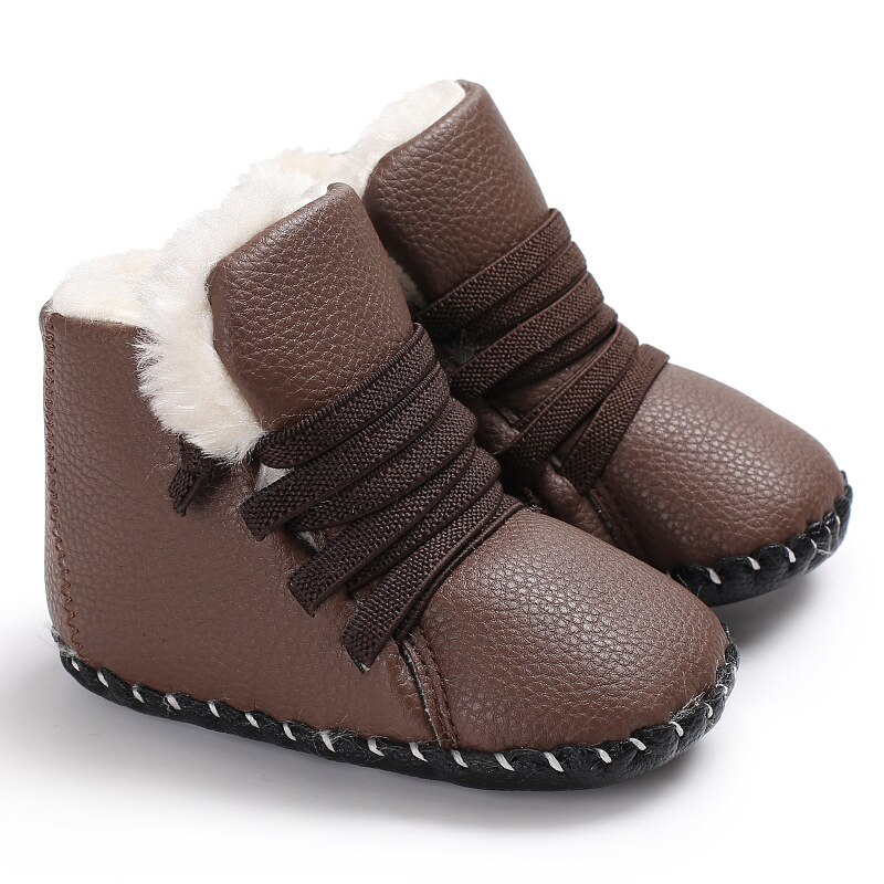 Zapatos más gruesos de PU para bebé, botas de nieve cálidas de terciopelo, calzado antideslizante con suela de goma, para invierno de 0 a 18 meses, novedad: Marrón / 11cm