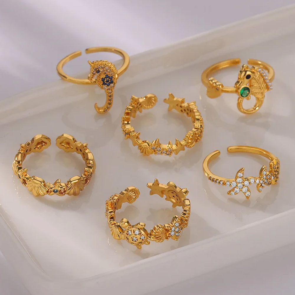 Delicado anillo de circón con concha de estrella de mar, tortuga, mal de ojo, anillo de acero inoxidable para mujer, abalorio dorado antidecoloración, accesorios de joyería,