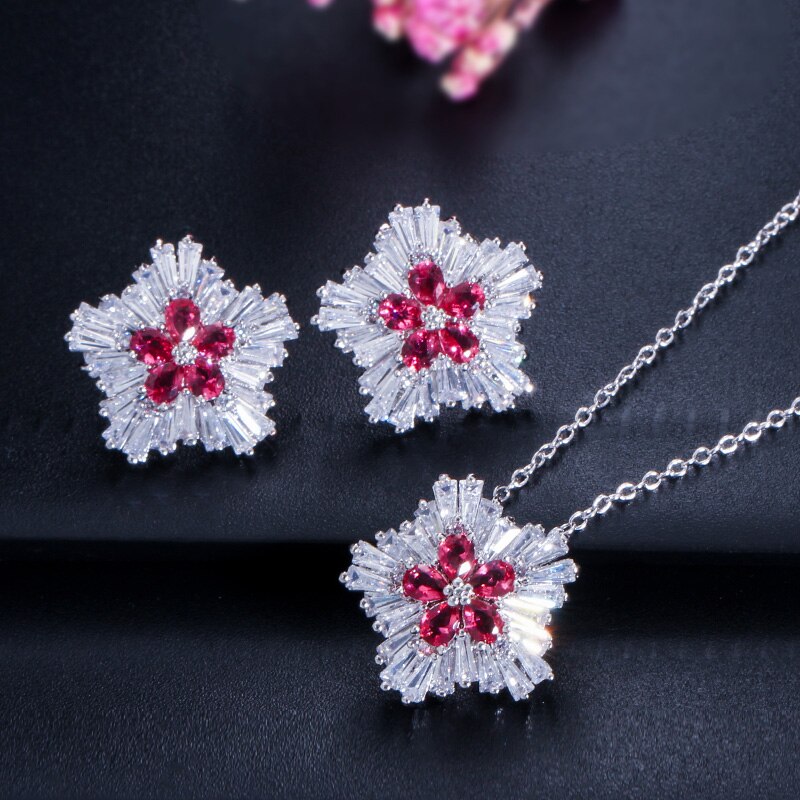 Cwwzircons Dames Mode-sieraden Aaa Zirconia Sneeuw Bloem Hanger Ketting Earring Sets Voor Vrouwen T208: red
