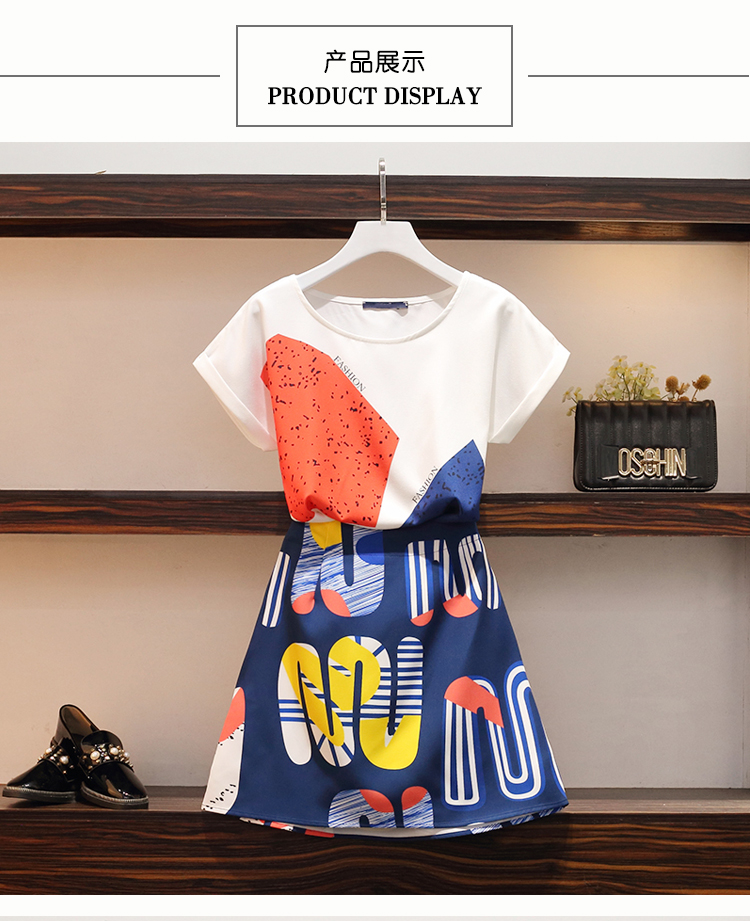 Dam sommar kjol kostym kortärmad färgglad kontrasttryck topp blus o-ringad och mini dam kjol casual twinset set  ns847