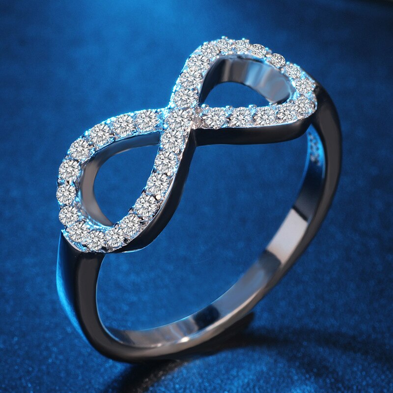 Anel de aço inoxidável para mulheres, anel de símbolo do infinito simples com anel de zircônio, cor prata, strass, presente de joias: 10