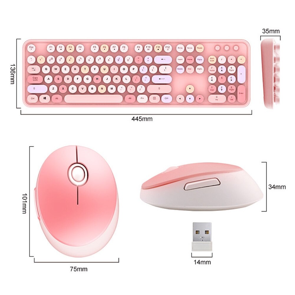 Wireless Keyboard and Mouse set for Laptop Notebook Computer Desk Cute Keyboard Mouse Comb Round Button Colorful Keyboard