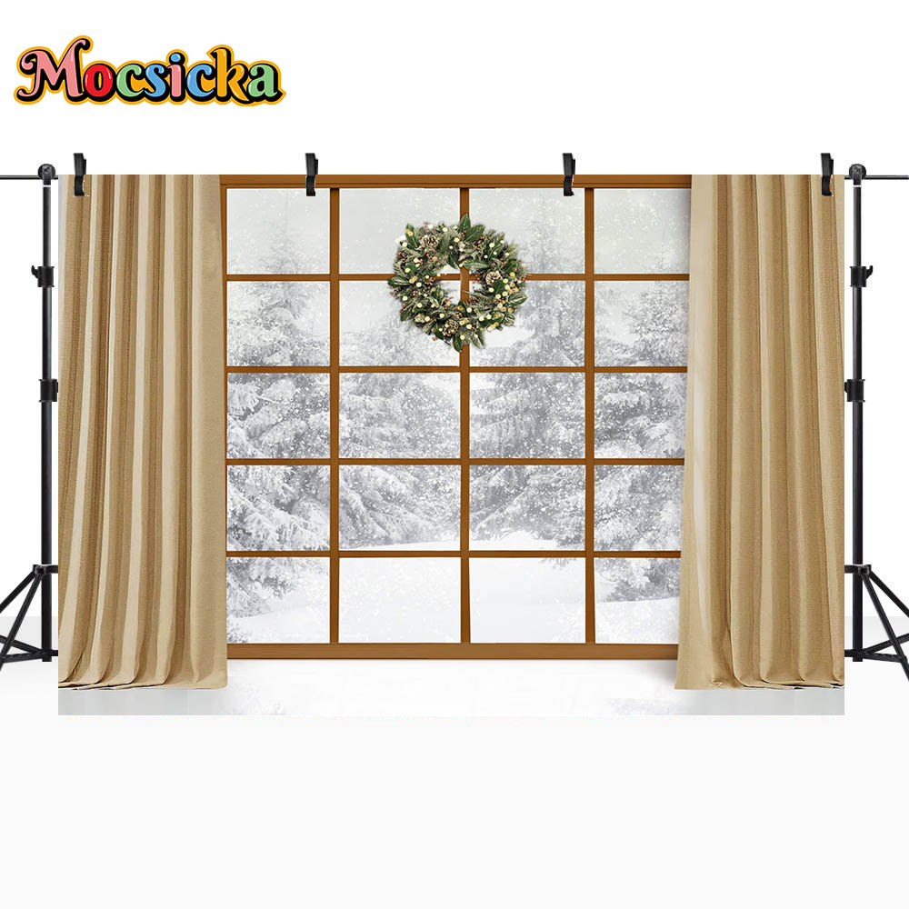 Mocsicka Christmas Curtain Window Photography Backdrop Winter Snow Scene Family Portrait Photo Background for Studio Photo Shoot: Lavender / 1500*2200