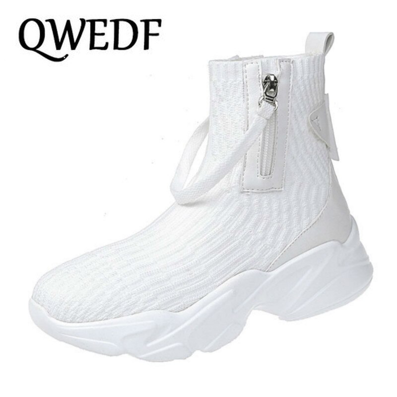 Qwedf sneakers kvinder strik overdel åndbare sneakers sokkestøvler kvinde chunky sko high top sko til kvinder tennis feminino  g4-45