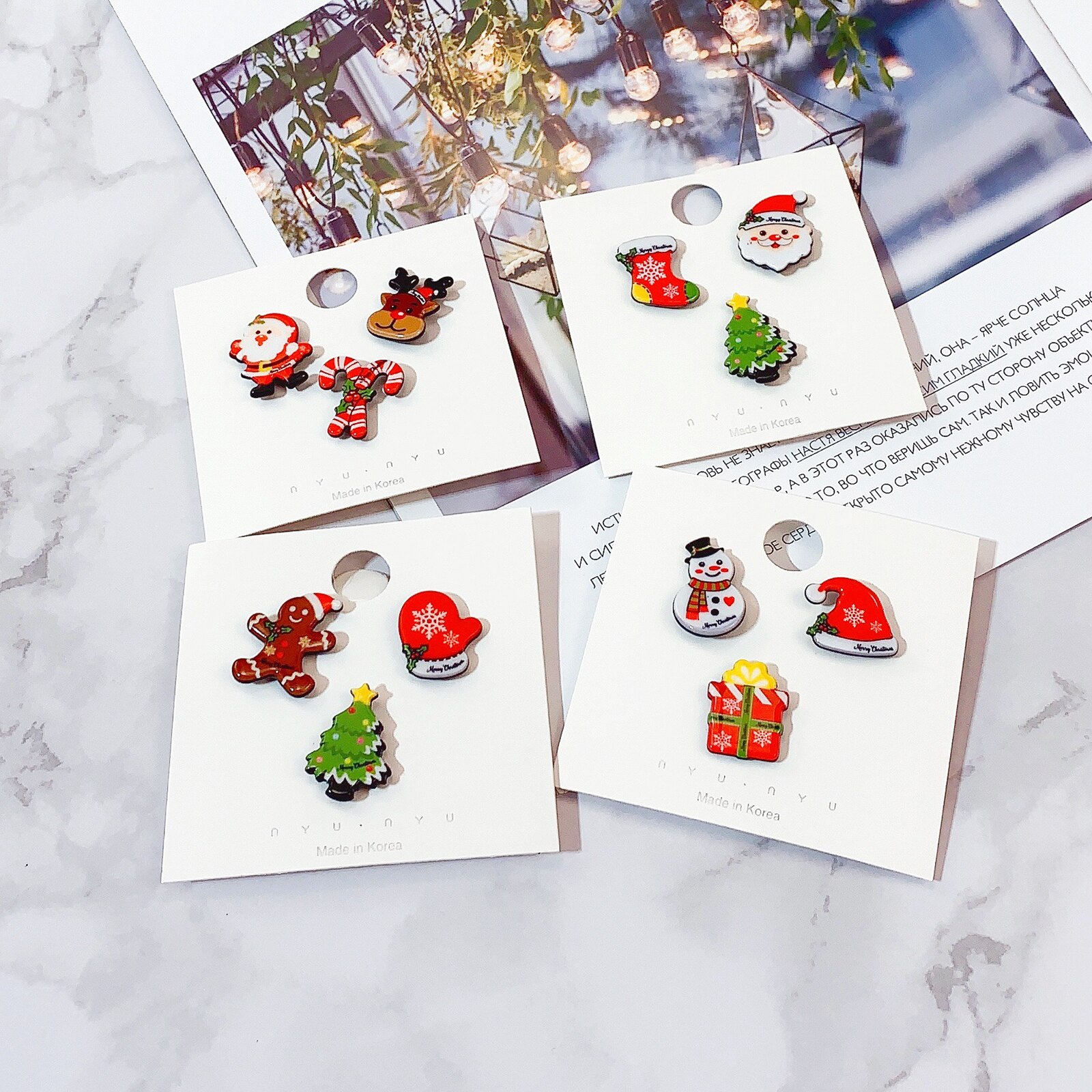 Mode Kerst Broche Set Met Papieren Kaart Kerstman Krukken Elanden Acryl Sneeuwpop Hoed Kerst Broche Badges Pins Voor Vrouwen