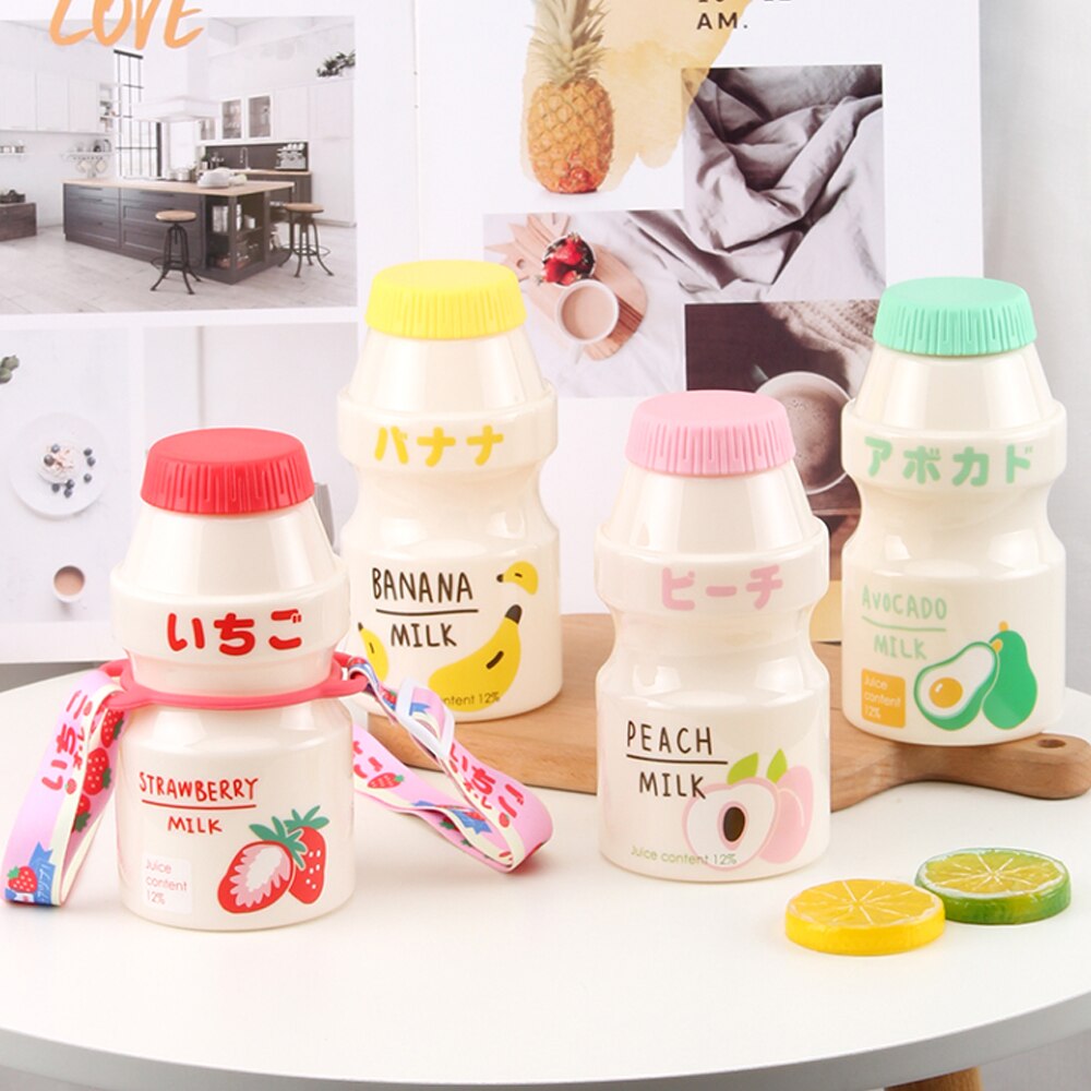 Plastic Water Bottle Tour Drinking Bottle lanyard Yakult Shape Cute Kawaii Milk Carton Shaker Bottle for Kids/Adult