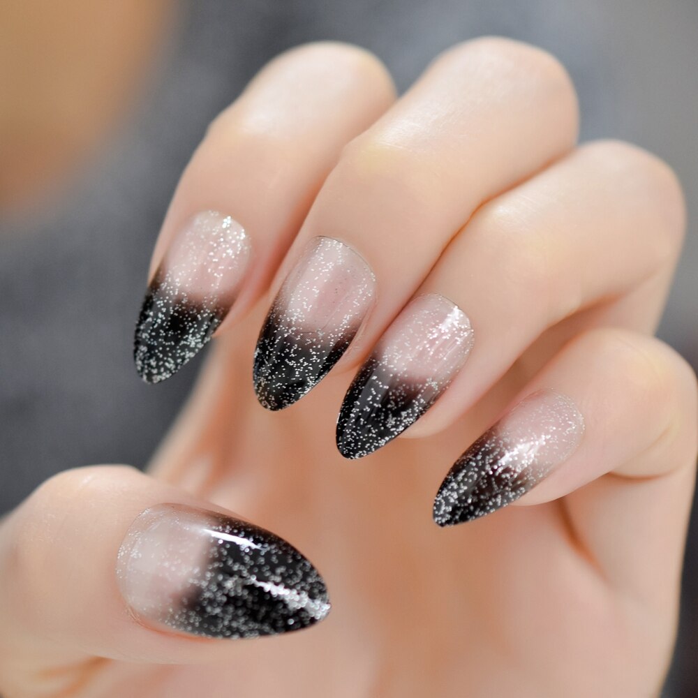 Gradiënt Clear Black Franse Pers Op Kunstnagels Tips Stiletto te Dragen Bling Zilveren Glitter Ovale Scherpe DIY Ontworpen nagels: L5108