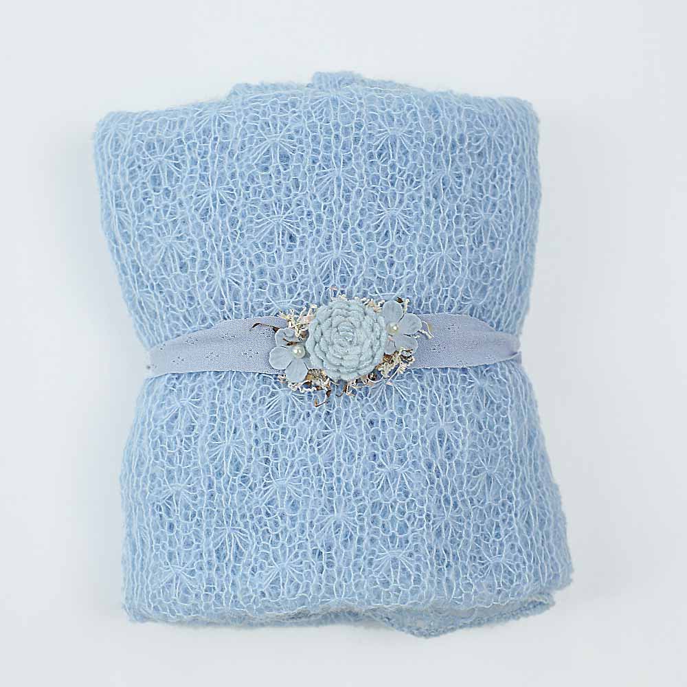 40x150 cm mohair knit Photo elastische Wrap + hoofdband set Pasgeboren Fotografie Props Doek Voor baby Accessoires haarbanden: BLUE