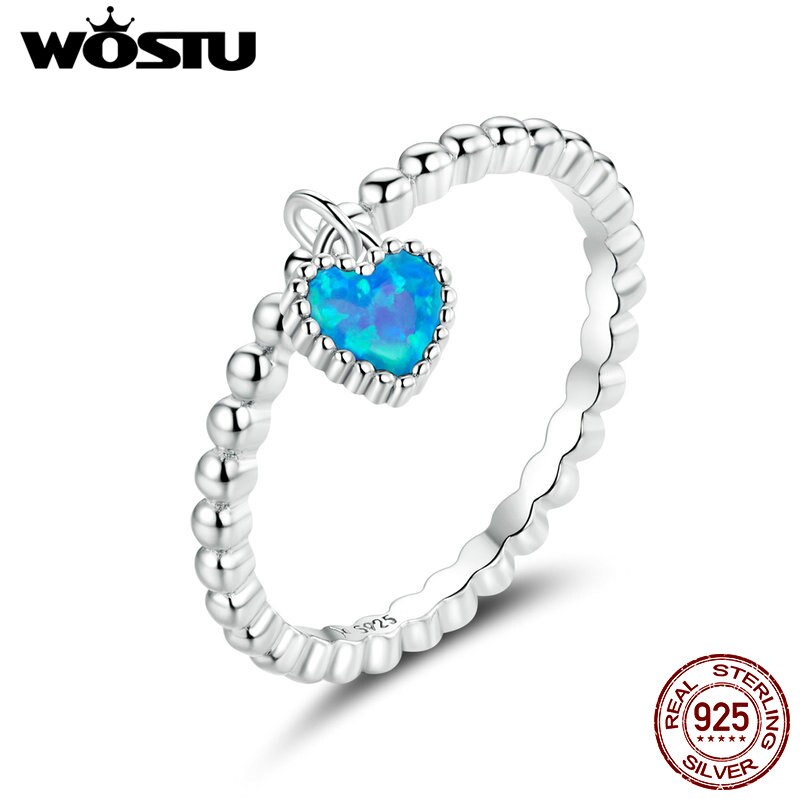 WOSTU Blue Heart Ring 925 Sterling Silver Stackable Translucent Opal Finger Ring For Women Wedding Engagement Jewelry CQR672