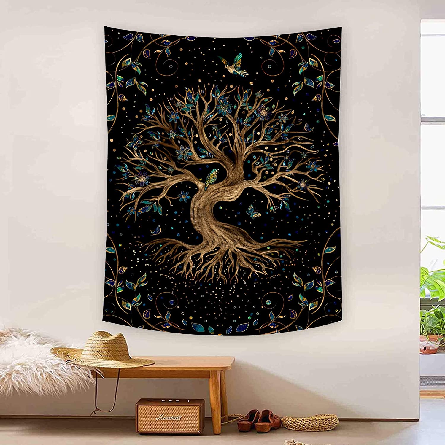 Tree of Life Tapestry Black Psychedelic Bohemian Forest Wishing Tree Tapestry Bedroom Aesthetic Mandala Psychedelic Tapestry