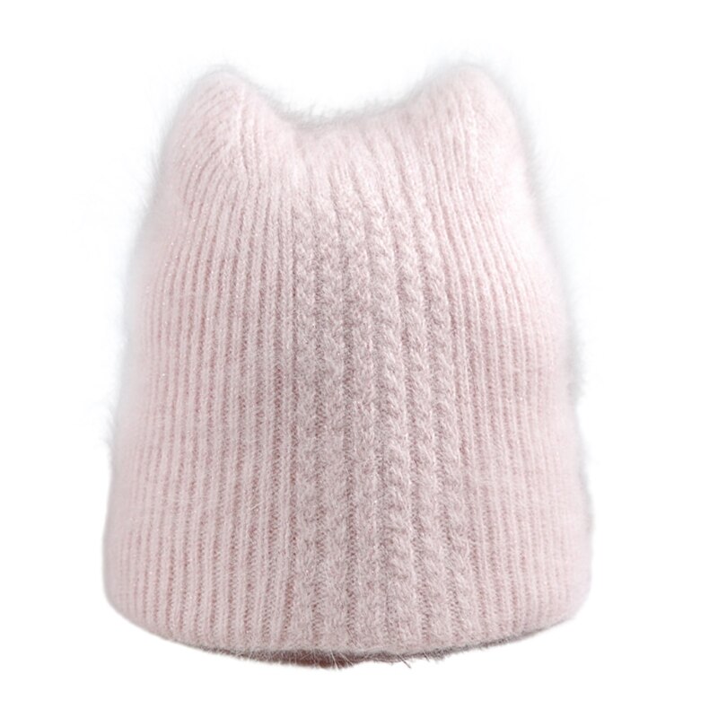 Gorro de lana de imitación con orejas de gatito para mujer, gorro de lana de imitación con orejas de gato, cálido, Color sólido: Rosa