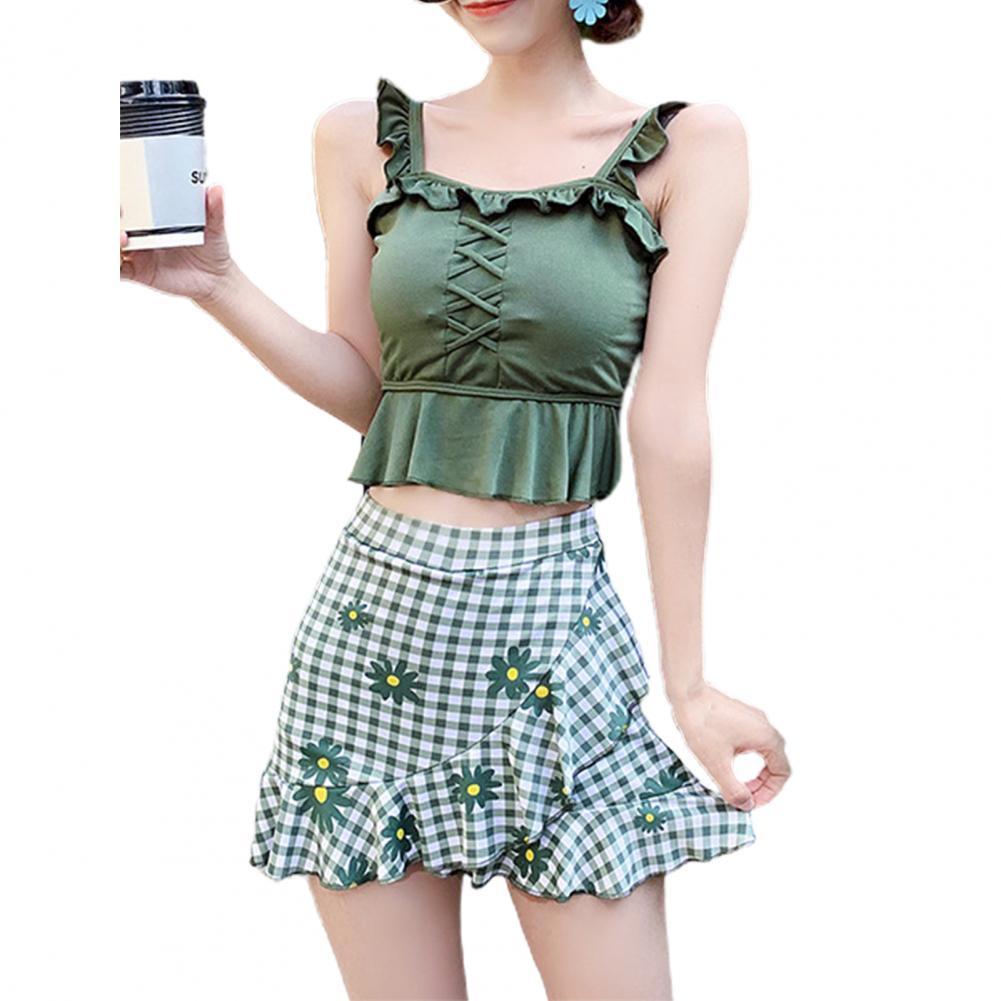 Ärmelloser, schulterfreier badeanzug mit hohem bund für den sommerurlaub: Grün