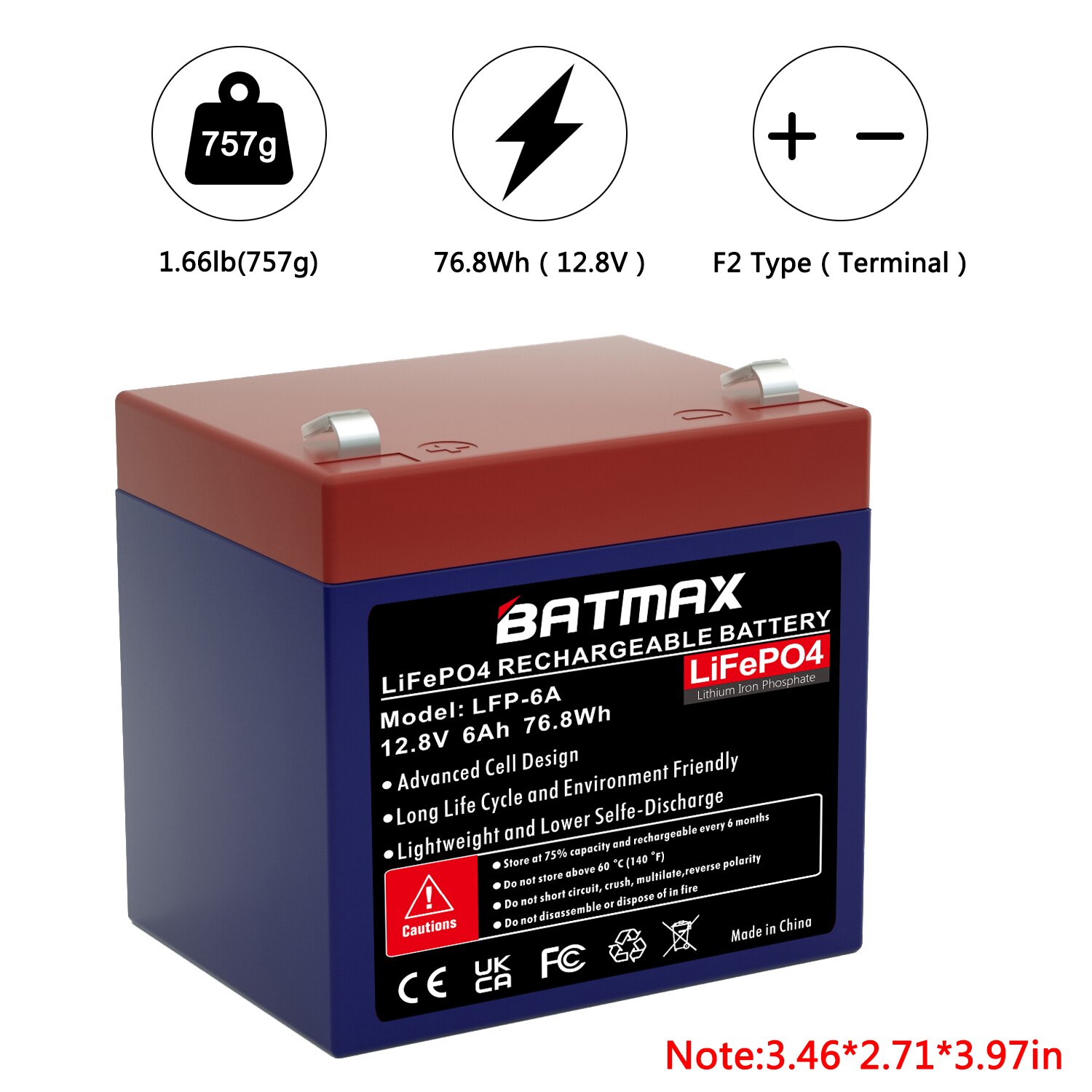 Batmax 12V 6A Lithium LiFePO4 Deep Cycle Rechargeable Battery for RV, Solar, Marine, Overland, Off-Grid Applications