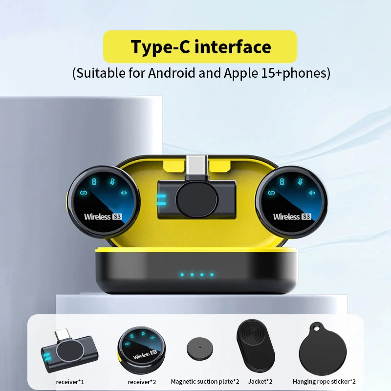 Microfono wireless S3 con custodia di ricarica Microfono lavaliere magnetico portatile per microfono di registrazione video con ricevitore per smartphone: verde