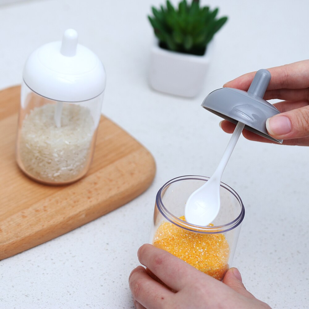 Kitchen Plastic Condiment Bottles Spice Jar With Spoon Kitchen Seasoning Salt Oil Coffee Beans Container Home Paprika Storage Bo