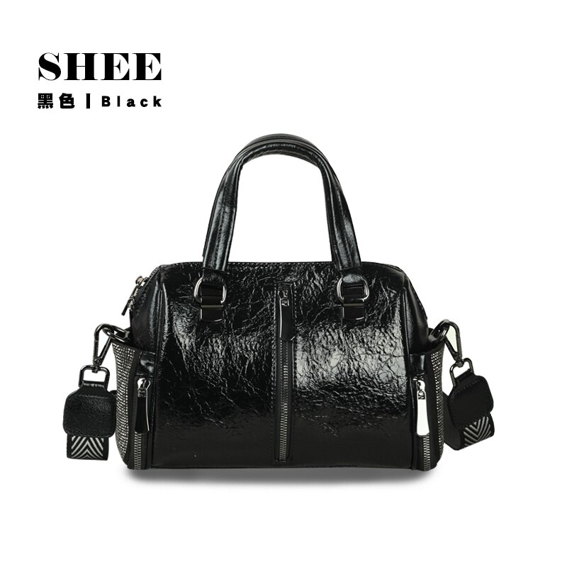 SHEEPatent di cuoio intarsiato di diamanti borsa a tracolla casuale femminile di modo della gioventù della borsa di colore solido tirare catena di telefonia mobile cellulare diagonale: Black