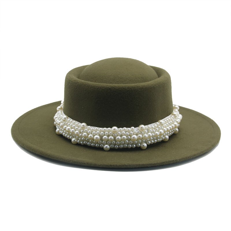 Vrouwen Hoeden Ronde Top Parel Band Formele Lente Mannen Vrouwen Vilten Hoeden Jazz Kerk Wedding Solid Klassieke Riem Zwarte Fedora hoeden: army green