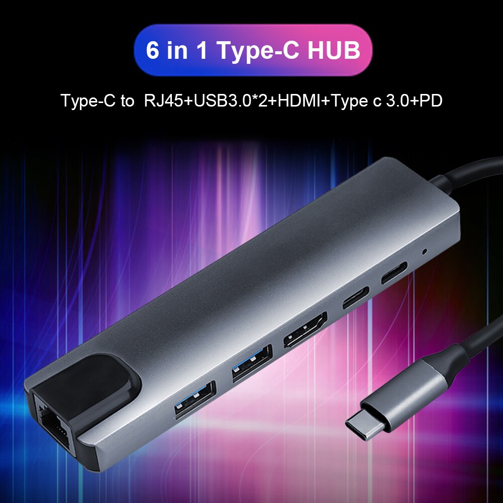 6 In 1 USB-C Hub Type C 3.0 + X2USB 3.0 4K + Hdmi-Compatibel + Type-C 100W + Pd RJ45 Adapter Voor Laptop Intelligente Uitbreiding Dock