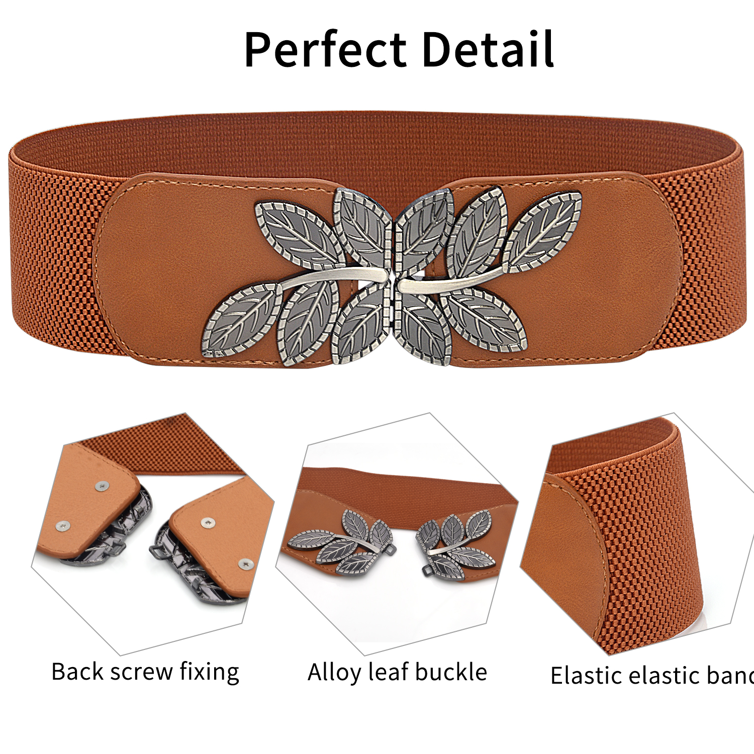 Cinture larghe con fibbia a foglia Vintage ▾ cintura elastica classica in vita tinta unita elegante cintura per cappotto per donna