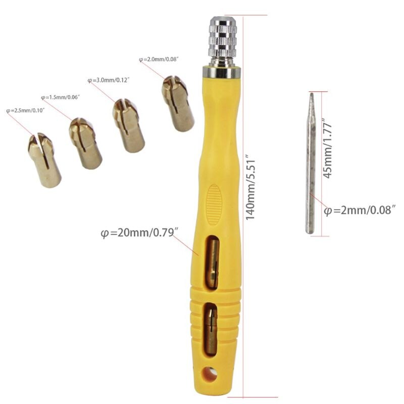 Multipurpose Needle File Handle Kit With 4 Brass Chucks For Hand Hobby Metal Glass Stone Wood Carving: Yellow