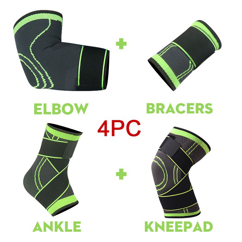Skdk 4pc/ set compressie kniebrace sport hardlopen basketbal fitness fietsen tennis knie enkel elleboog pols ondersteuning set: Tz001- groene / Xl (kniebeschermer)