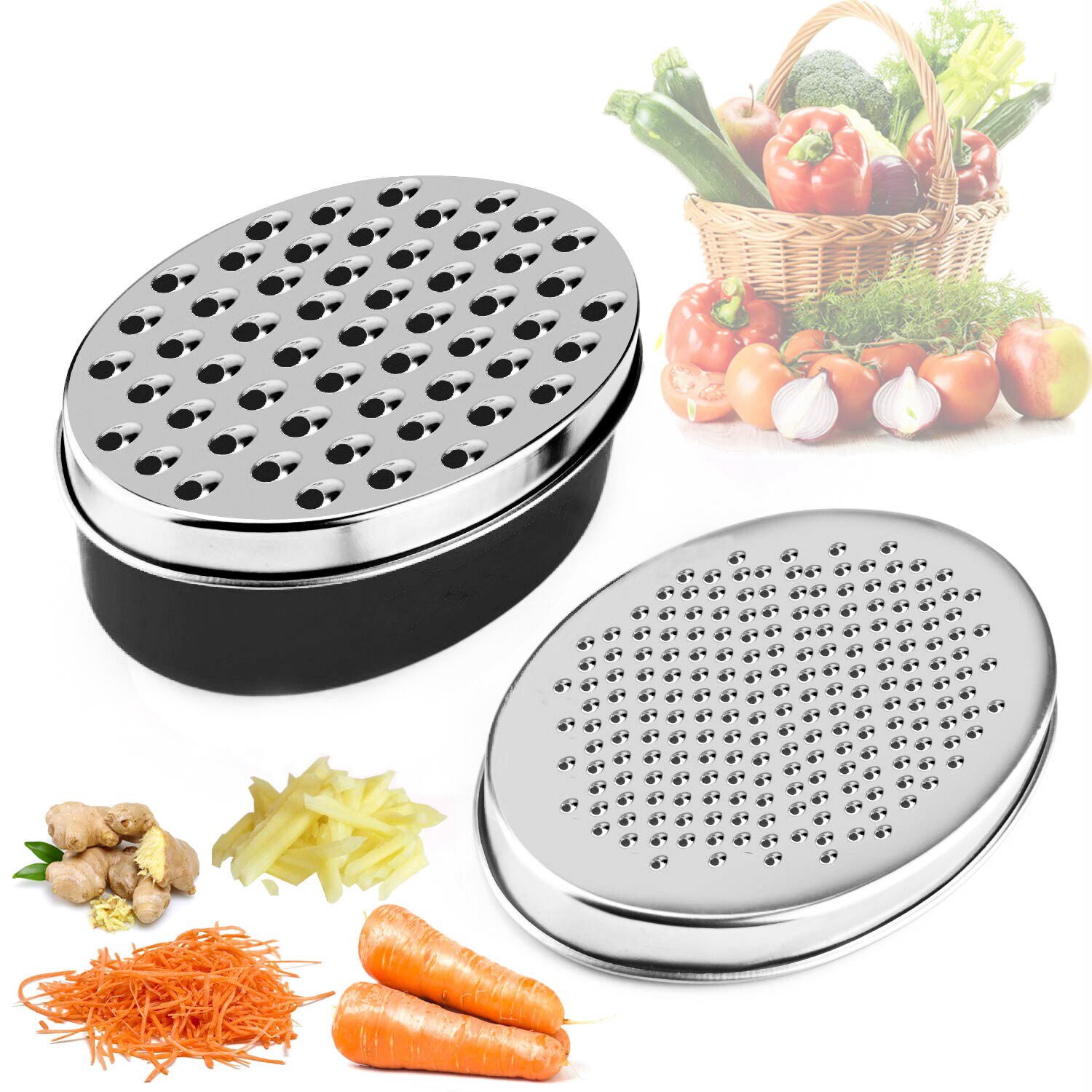 Rallador de queso de oro rosa, rebanador multifuncional, contenedor ovalado de verduras, herramientas de frutas rápidas de fácil limpieza con 2 cuchillas ralladoras: BLACK SLIVER
