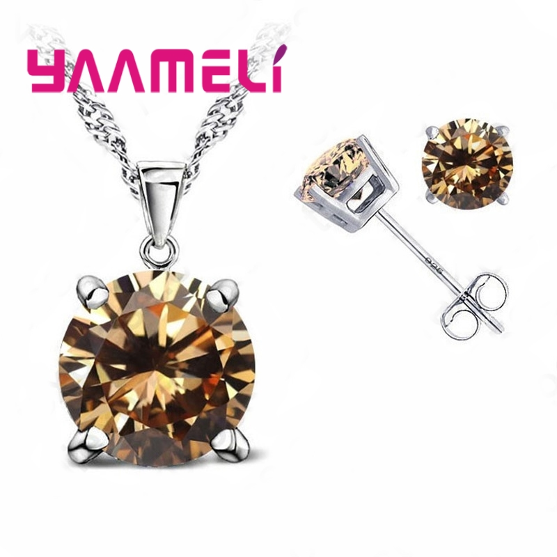 Classic Wedding Jewelry Cubic Zirconia Good 925 Sterling Silver Jewelry Sets Stud Earring Pendant Necklace Set: champagne